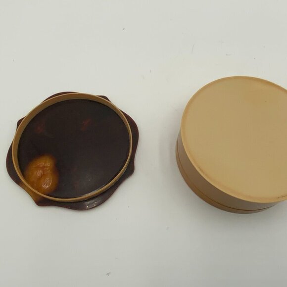 VTG Art Deco Tan Celluloid Powder Puff Box w/Tortoise Design Lid 4 1/2" x 2" - Picture 10 of 10